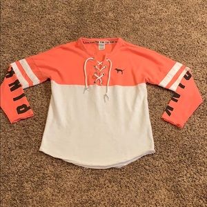 Coral and White PINK Varsity Long Sleeved Top.